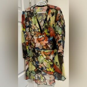 4/$30 Creation Gorgeous sheer floral blouse boho fairy high - low blouse L